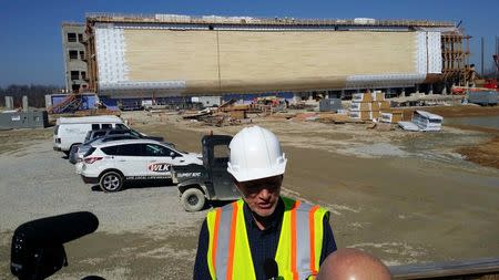 Ken Ham, founder of Answers in Genesis, speaks to the media during a tour of the 510-foot boat for the Noah's Ark attraction Ark Encounter in Williamstown, Kentucky, February 20, 2016. REUTERS/Steve Bittenbender