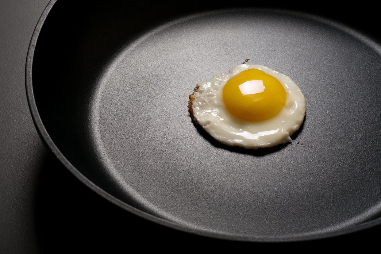 fried eggs in the new non-stick frying pan