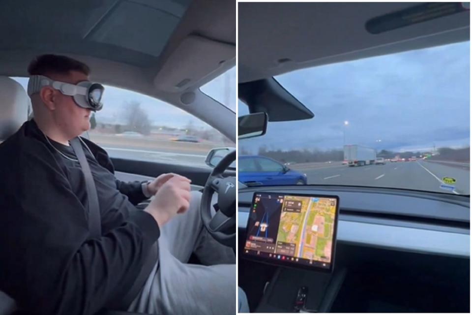 男戴蘋果VR眼鏡開特斯拉，「詭異手滑」最新影片曝光！全靠自動駕駛太扯。（翻自X平台）