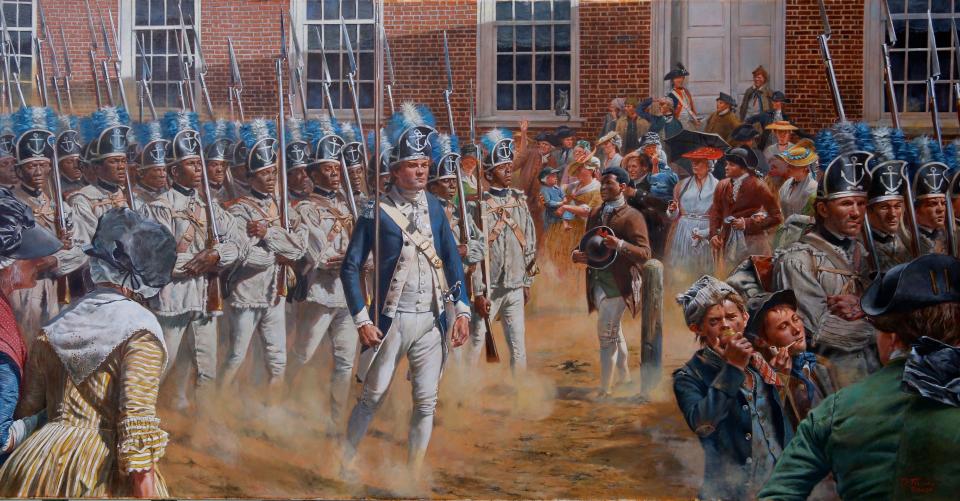 Painter Don Troiani's "Brave men as ever fought," exhibited at the Museum of the American Revolution in Philadelphia. Abolitionist James Forten used those words to describe Black and Native American troops he saw marching past what is now called Independence Hall, in Philadelphia, Sept. 2, 1781