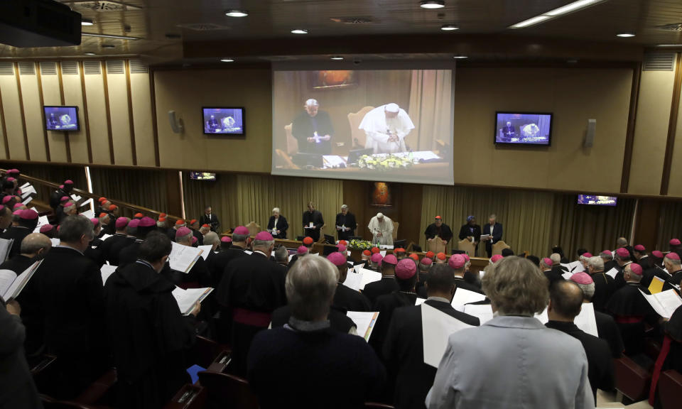 Pope Francis prays at the beginning of the third day of a Vatican's conference on dealing with sex abuse by priests, at the Vatican, Saturday, Feb. 23, 2019. (AP Photo/Alessandra Tarantino, Pool)