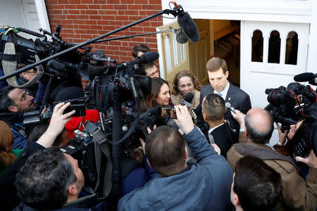 Democratic congressional candidate Conor Lamb speaks to the press after voting in Mt. Lebanon, Pennsylvania, U.S., March 13, 2018. REUTERS/Brendan McDermid