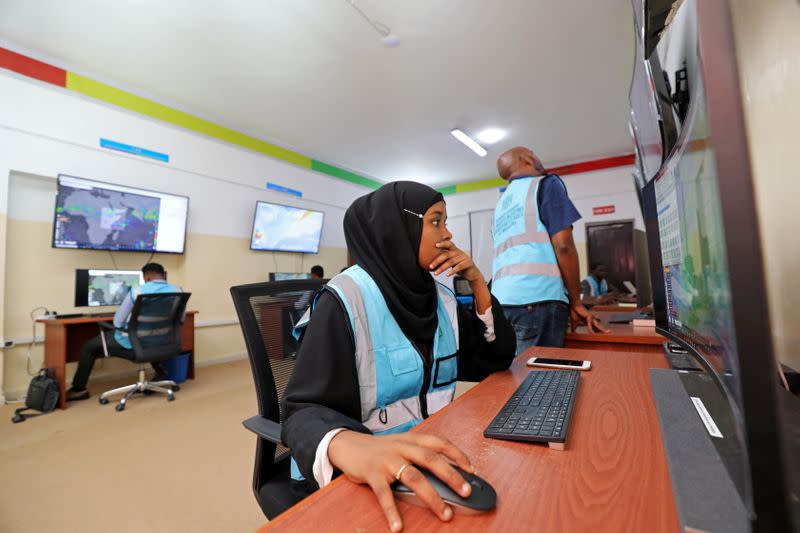 Somali analyst monitors the weather patterns at the early warning centre, in Mogadishu