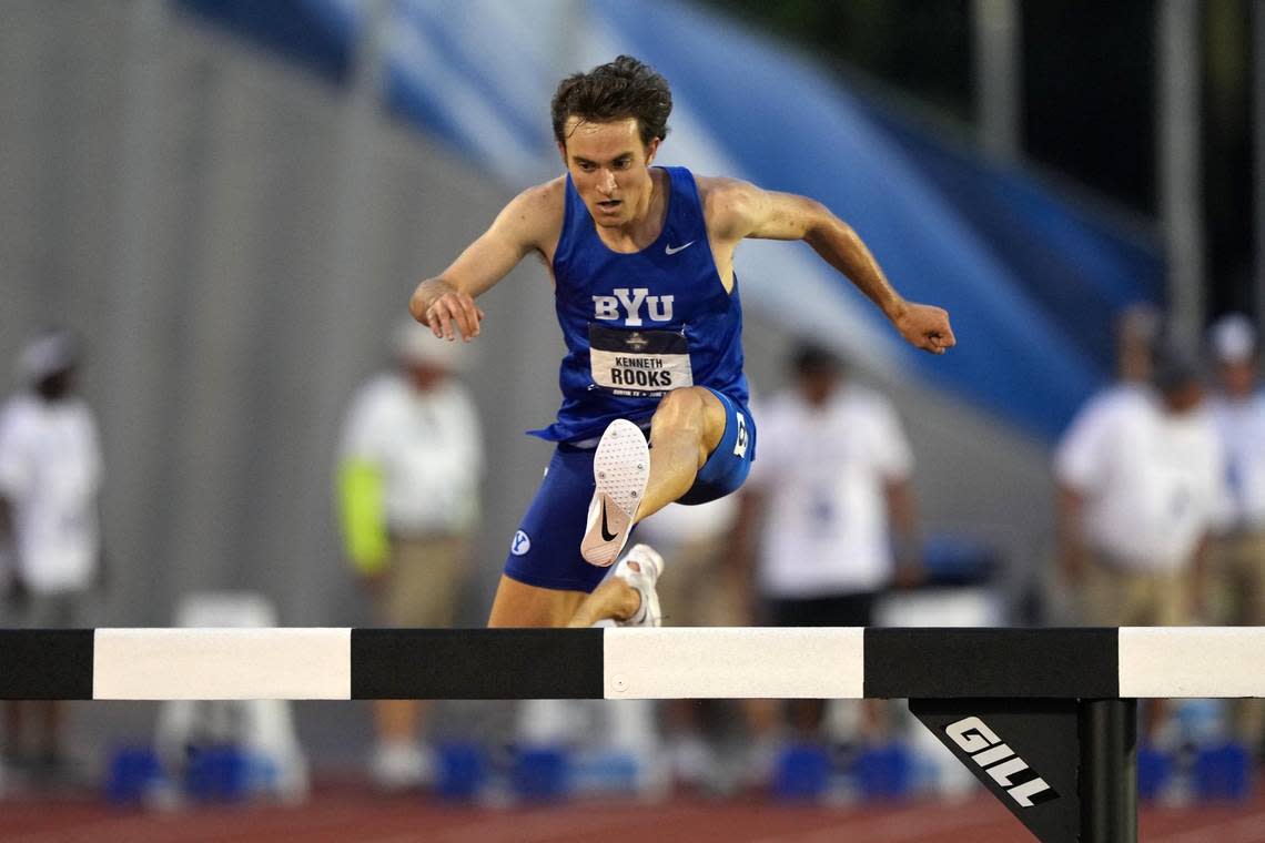 Kenneth Rooks of BYU wins the steeplechase in June 2023 at the NCAA Track & Field Championships at Mike A. Myers Stadium.