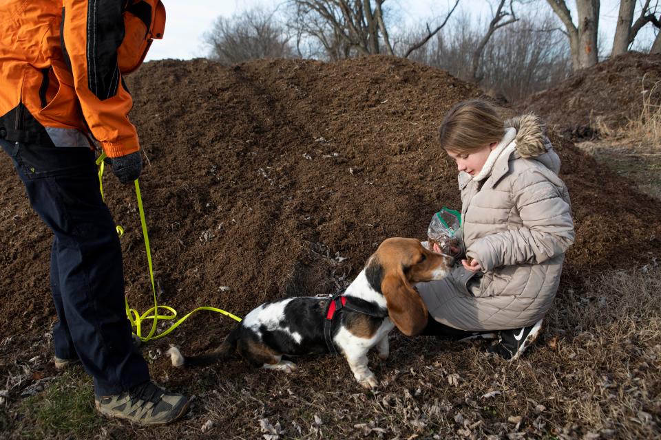 Dogs and their handlers perform live find and human remains search and rescue exercises with SOCS, Southern Ohio Canine Search and Rescue at Yochtangee Park Annex on Feb. 2, 2023 in Chillicothe, Ohio.