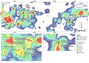 Map of the Voden target area, located in the eastern portion of the Iglika License, showing results of previously disclosed soil sampling and new results of channel sampling undertaken in two areas, as well as the location of planned drill holes