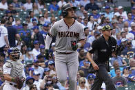 Arizona Diamondbacks' Josh Rojas watches his solo home run during the seventh inning of a baseball game against the Chicago Cubs in Chicago, Friday, May 20, 2022. (AP Photo/Nam Y. Huh)