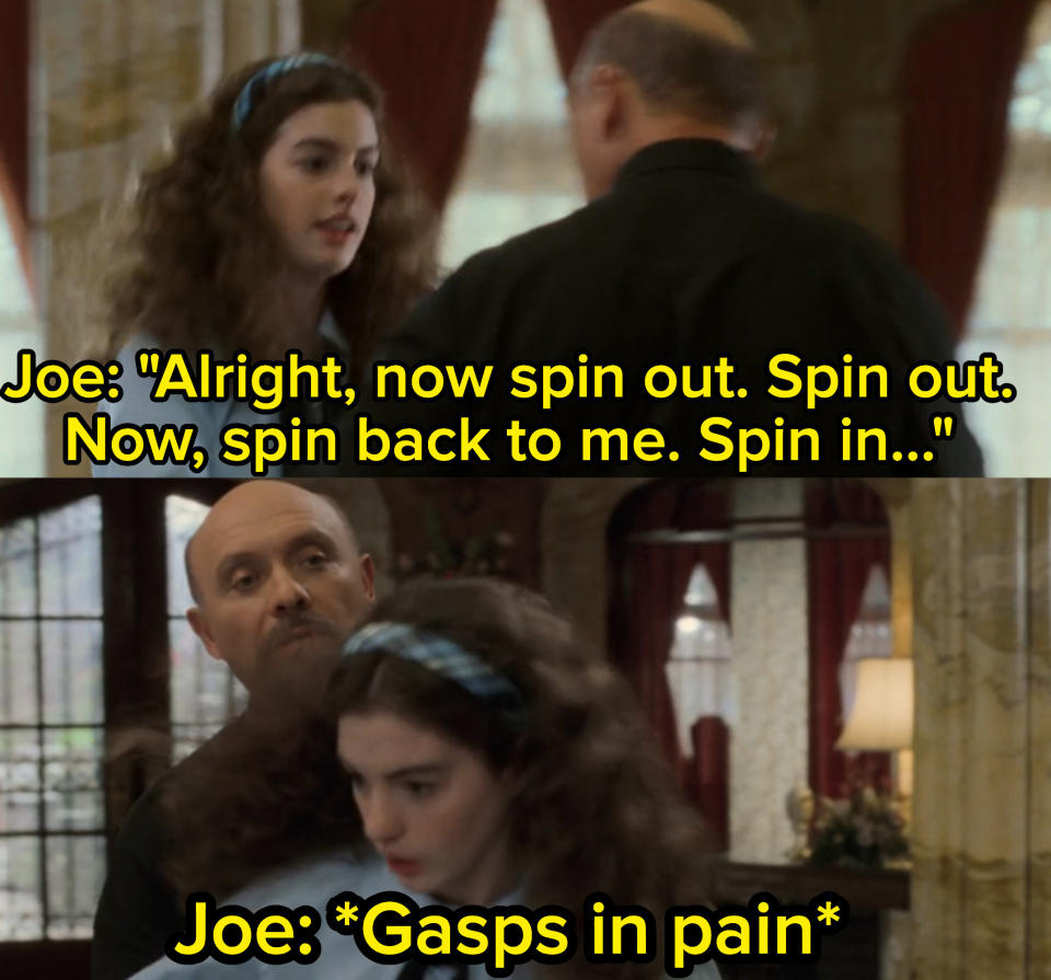 Joe spins Mia across the room before she accidentally elbows him in the stomach