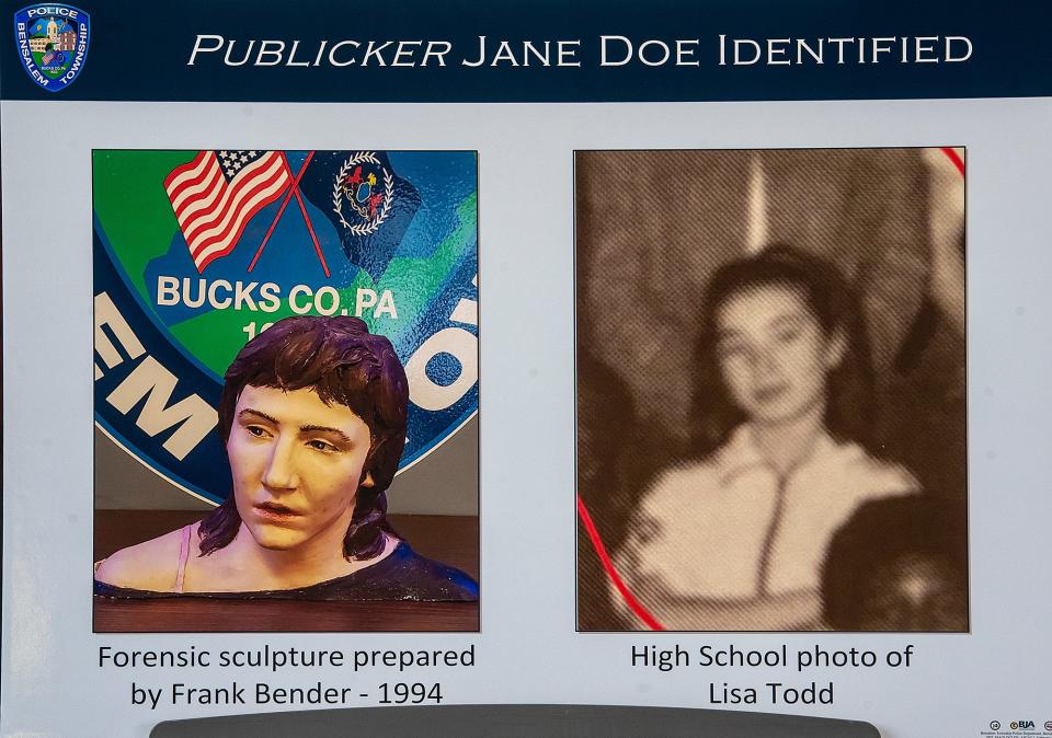 On the right is a a high school photo of Lisa Todd, who was identified as ˜Publicker Jane Doe", during a press conference Tuesday, March 9, 2021, at the Bensalem Township Police Department.