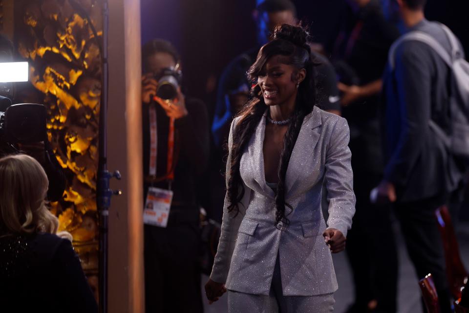 NEW YORK, NEW YORK - APRIL 15: Rickea Jackson celebrates after being selected fourth overall pick by the Los Angeles Sparks during the 2024 WNBA Draft at Brooklyn Academy of Music on April 15, 2024 in New York City. (Photo by Sarah Stier/Getty Images)