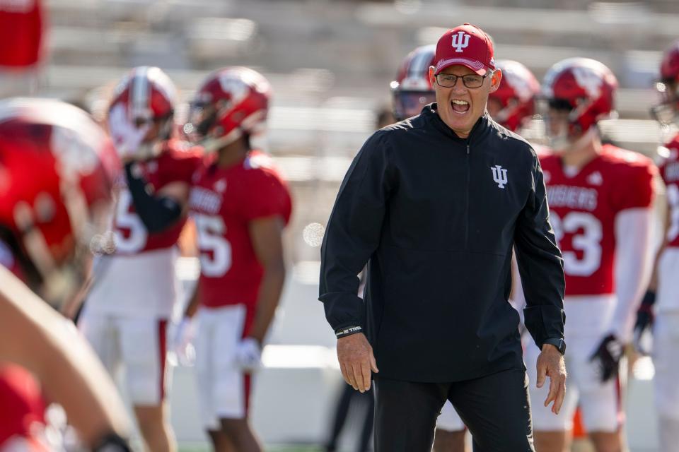 Oct 21, 2023; Bloomington, Indiana, USA; Indiana Hoosiers head coach Tom Allen yells during warm ups before the game against the Rutgers Scarlet Knights at Memorial Stadium. Mandatory Credit: Marc Lebryk-USA TODAY Sports