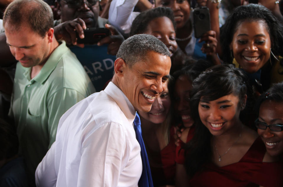 Following his campaign speech at Farm Bureau Live in Virginia Beach,Va., President Barak Obama greets and takes photos with supporters along the rope-line Thursday, Sept. 27, 2012, afternoon.(AP Photo/The Virginian-Pilot,Stephen N. Katz ) MAGS OUT