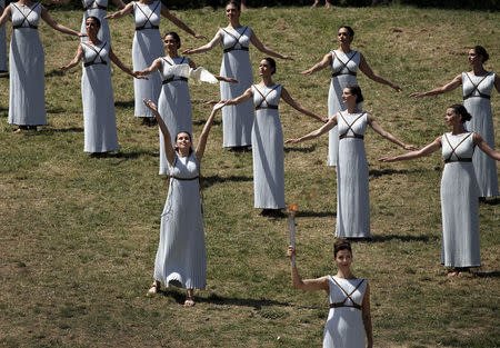 The dress rehearsal for the Olympic flame lighting ceremony for the Rio 2016 Olympic Games takes place at the site of ancient Olympia in Greece. REUTERS/Alkis Konstantinidis