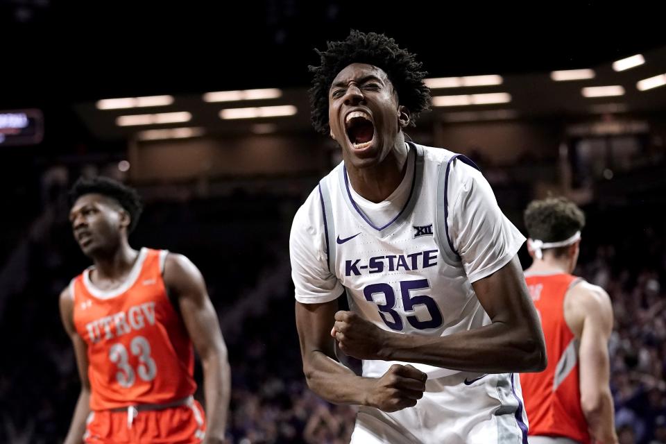 Kansas State forward Nae'Qwan Tomlin (35) celebrates after making a basket during the first half of an NCAA college basketball game against Texas-Rio Grande Valley Monday, Nov. 7, 2022, in Manhattan, Kan. (AP Photo/Charlie Riedel)