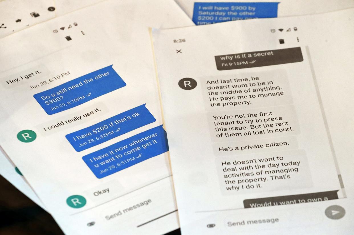 Candy Lauderdale kept printed screenshots of her text conversations with her landlord Ross Thomas.