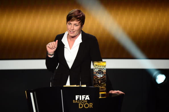 US forward Abby Wambach receives the FIFA Women's World Player of the Year award during the FIFA Ballon d'Or awards ceremony at the Kongresshaus in Zurich on January 7, 2013. AFP PHOTO / OLIVIER MORIN (Photo credit should read OLIVIER MORIN/AFP/Getty Images)