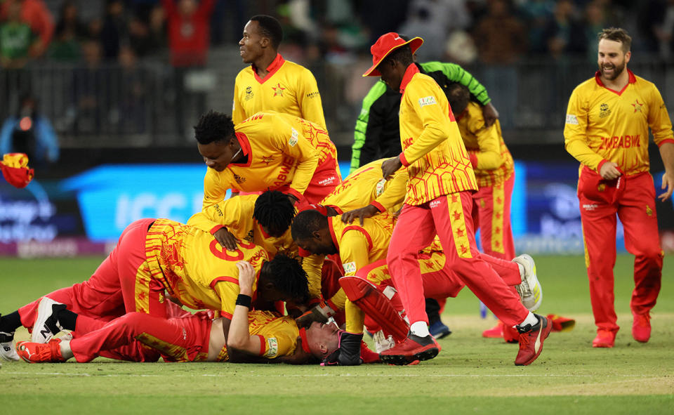 Zimbabwe players, pictured here celebrating their victory over Pakistan at the T20 World Cup.