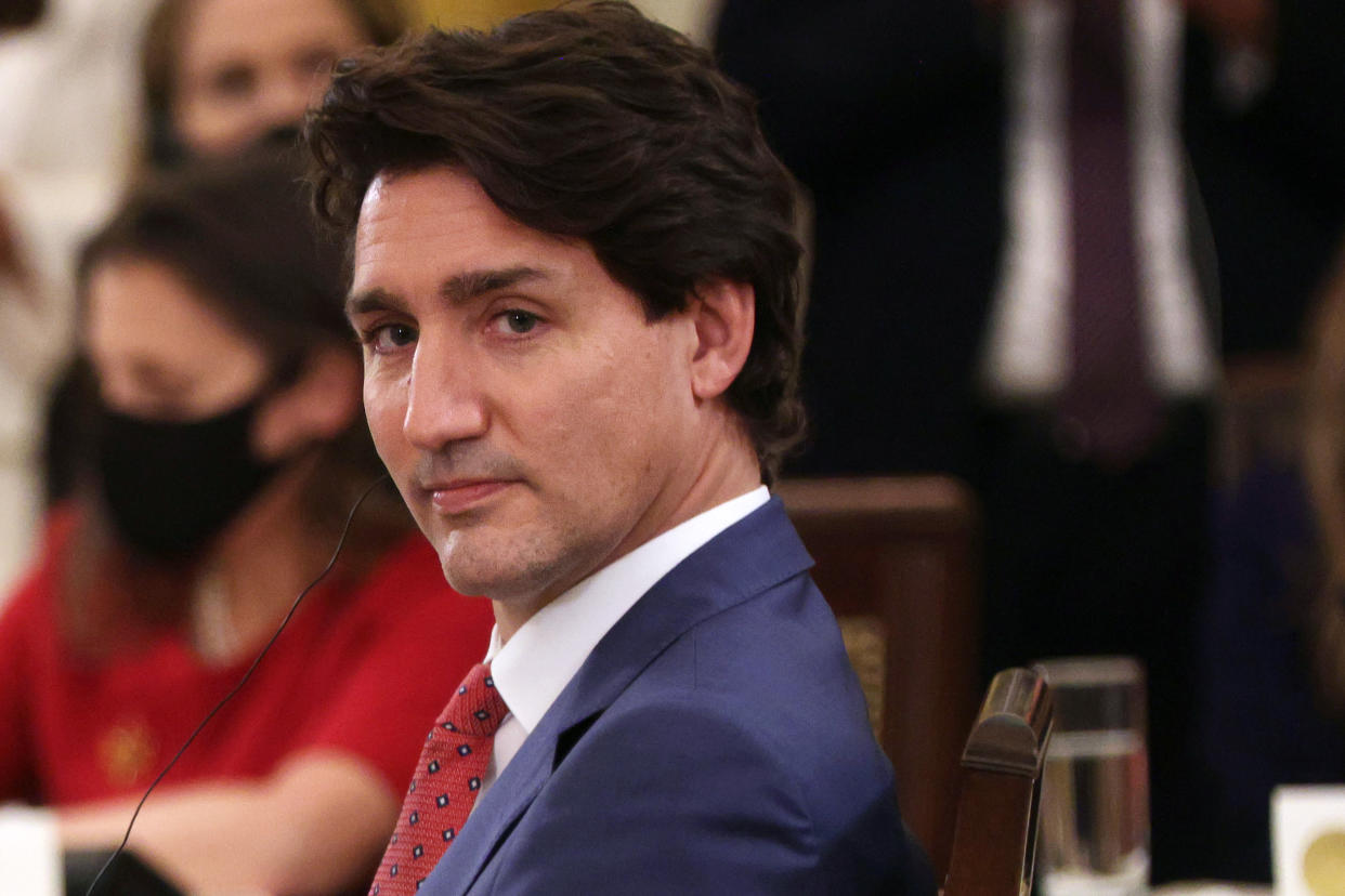 Prime Minister Justin Trudeau listens during the first North American Leaders’ Summit (NALS) since 2016 in the East Room at the White House November 18, 2021.