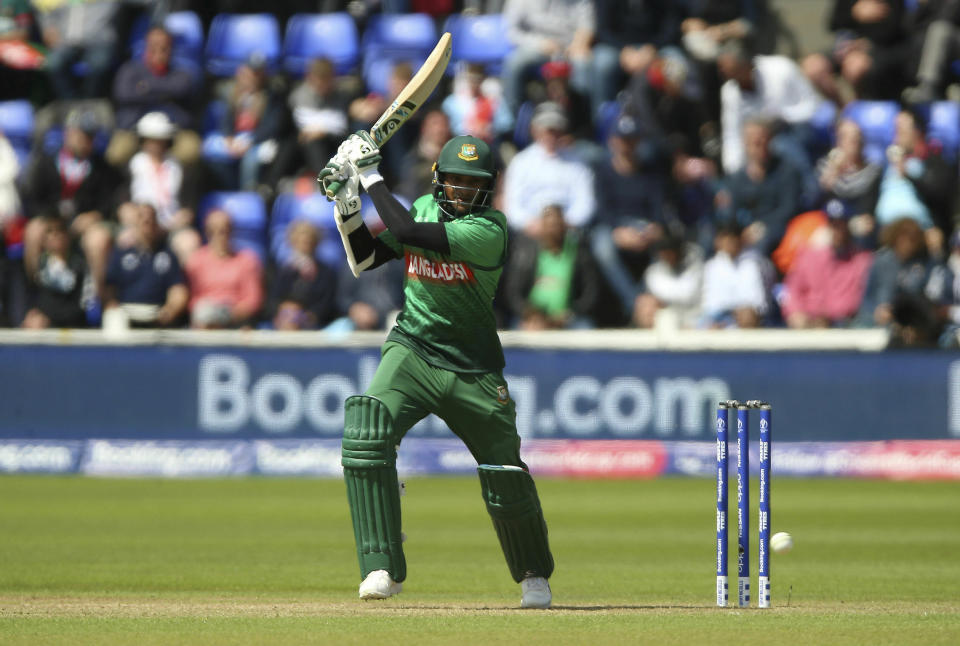 Bangladesh's Shakib Al Hasan in action during the ICC Cricket World Cup group stage match between England and Bangladesh at the Cardiff Wales Stadium in Cardiff, Saturday, June 8, 2019. (Nigel French/PA via AP)