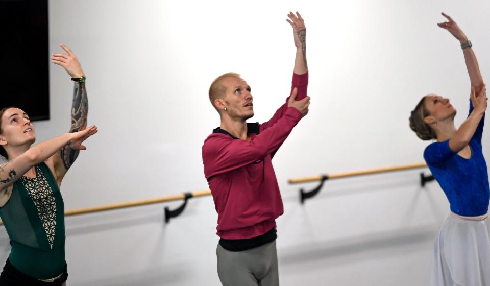 Rehearsing "Symphony,” one of several pieces in the inaugural program for Azara Ballet are, from left, Sarah Dawn, Joseph King and Mattison Bedinghaus.