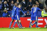 Football Soccer - Leicester City v Liverpool - Barclays Premier League - King Power Stadium - 2/2/16 Jamie Vardy celebrates scoring the first goal for Leicester City Reuters / Darren Staples Livepic EDITORIAL USE ONLY. No use with unauthorized audio, video, data, fixture lists, club/league logos or "live" services. Online in-match use limited to 45 images, no video emulation. No use in betting, games or single club/league/player publications. Please contact your account representative for further details.