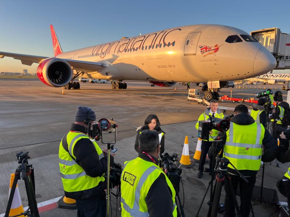 Media scrum: Journalists ahead of the departure of Flight100 to New York (Simon Calder)