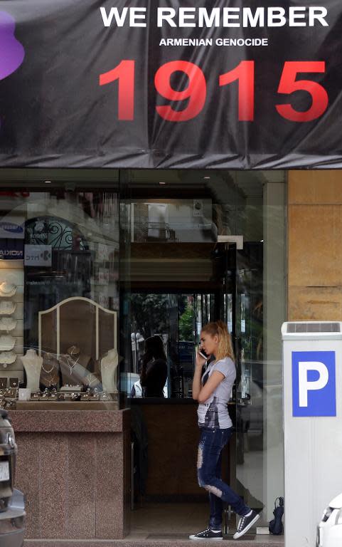 A banner marks the 100th anniversary of the mass killings of Armenians under the Ottoman Empire, in the Armenian-dominant Burj Hammoud area on the northern outskirts of Beirut on April 16, 2015