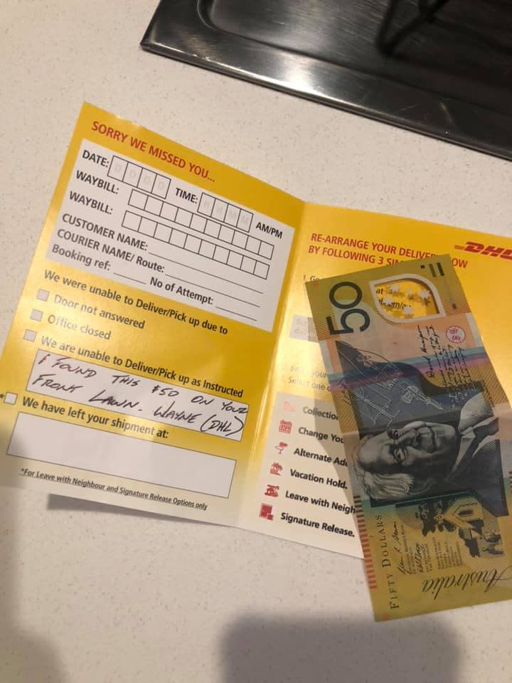 A $50 note inside a DHL delivery note after a Sydney woman lost her cash and was reunited with it later in the day.