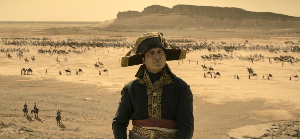 This image released by Apple TV+ shows Joaquin Phoenix in a scene from "Napoleon." (Apple TV+ via AP)