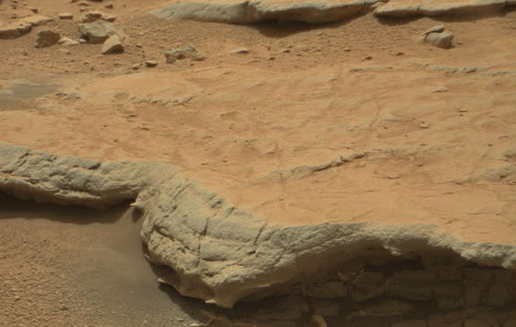 Mars' Gillespie Lake outcrop on Mars — shown here in a photo taken by NASA's Curiosity rover — shows possible signs of ancient microbially induced sedimentary structures, according to a recent study. But Curiosity scientists say the features li