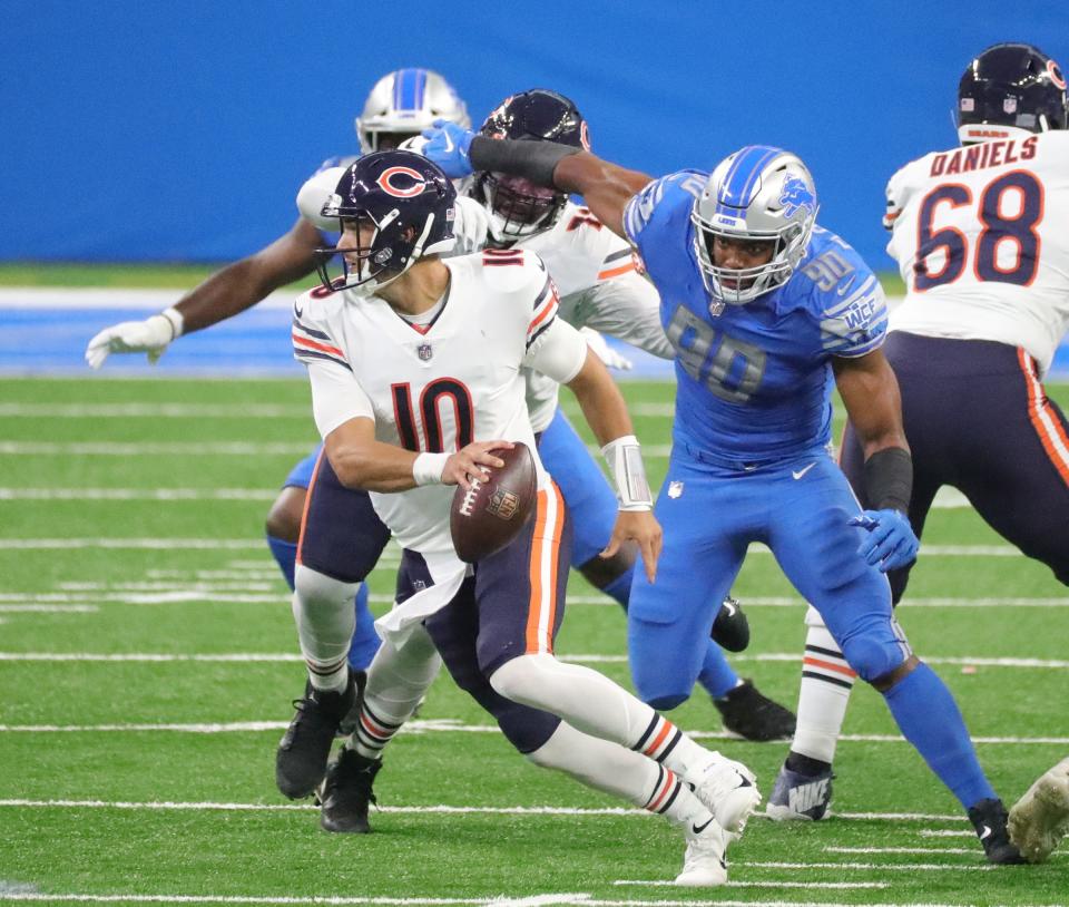 Lions defensive end Trey Flowers rushes Bears quarterback Mitchell Trubisky during the first half at Ford Field on Sunday, Sept. 13, 2020.