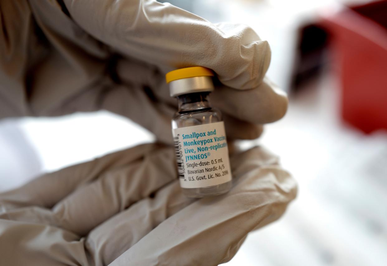 Registered pharmacist Sapana Patel holds a bottle of monkeypox vaccine at a pop-up monkeypox vaccination site on Wednesday, Aug. 3, 2022, in West Hollywood, California.