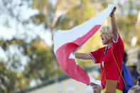 A fan cheers from the stands at the Homeless World Cup, Tuesday, July 11, 2023, in Sacramento, Calif. (AP Photo/Godofredo A. Vásquez)