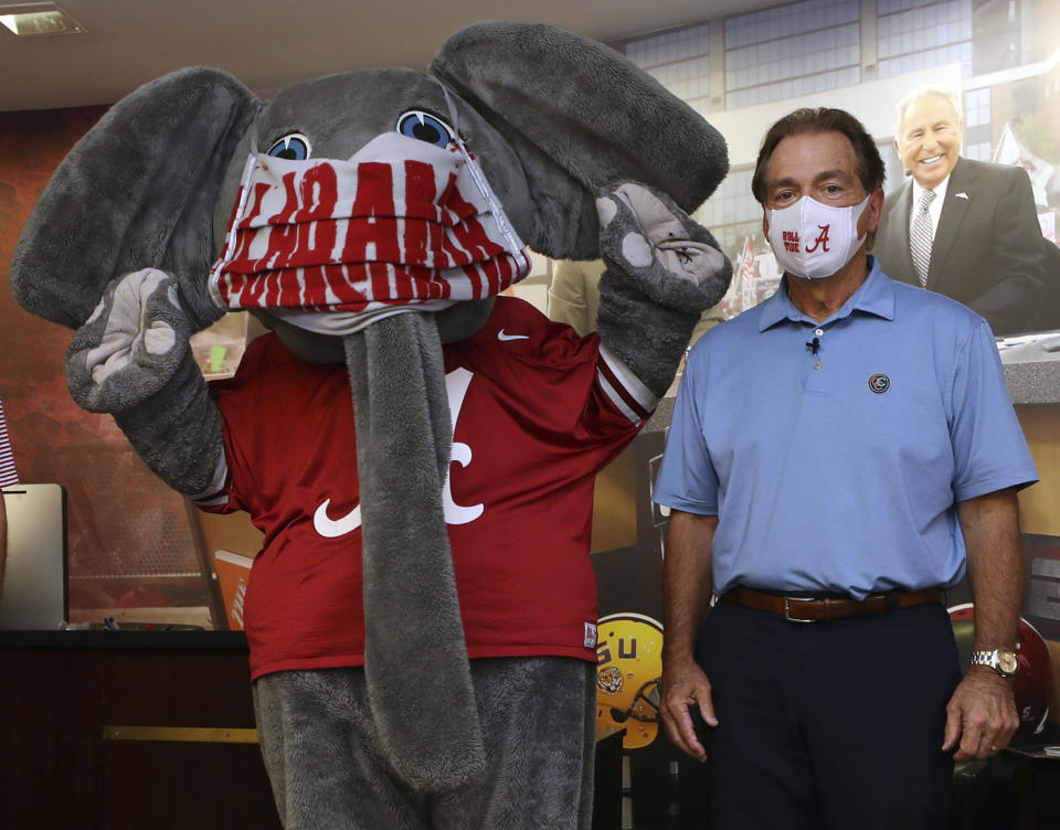 Alabama coach Nick Saban recorded a video promoting the use of face masks and social distancing. (AP Photo/Kent Gidley, University of Alabama via AP)