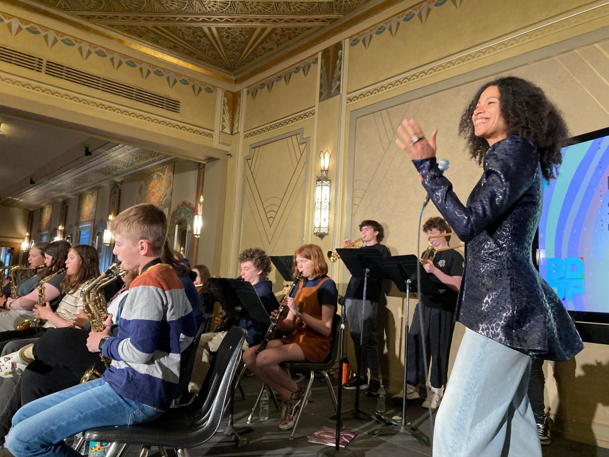 Adi Oasis, curator of the 2024 Burlington Discover Jazz Festival, performs with the Edmunds Middle School Band at a news conference May 3, 2024 at the Flynn.