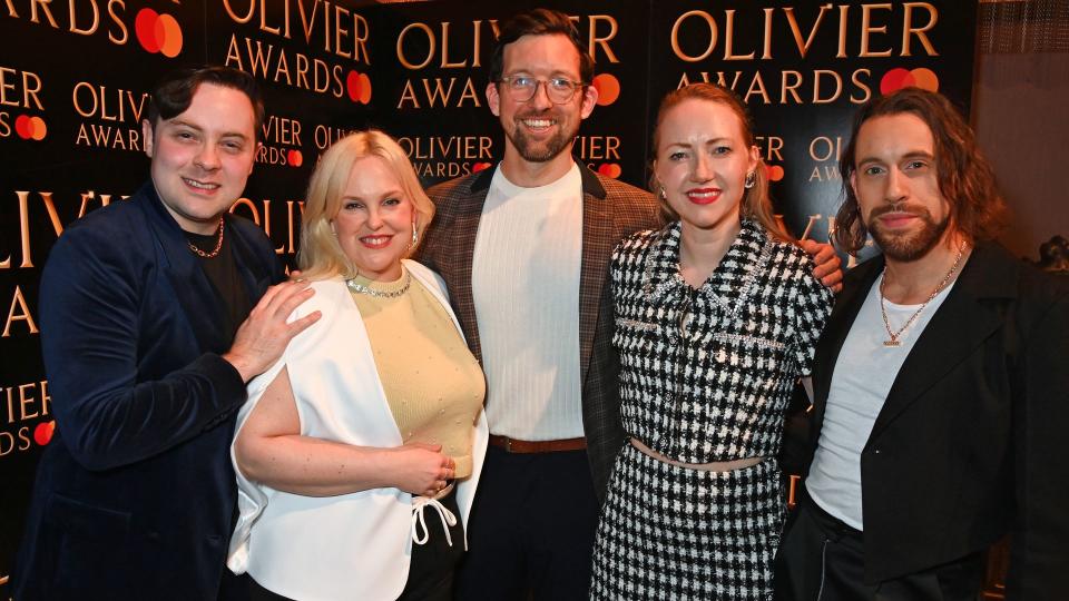 Jak Malone, Zoe Roberts, Joe Bunker, Natasha Hodgson and David Cumming of "Operation Mincemeat" attend The Olivier Awards 2024 nominees reception 
