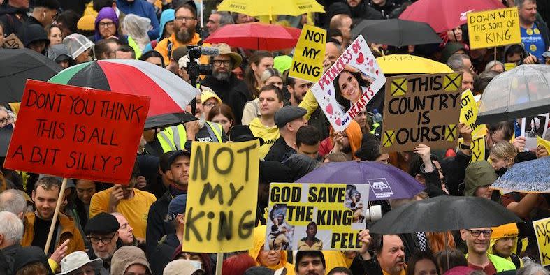 members of the anti monarchist group republic stage a protest close to where britain's king charles iii and britain's camilla, queen consort will be crowned at westminster abbey