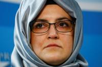 Cengiz, the fiancee of murdered journalist Jamal Khashoggi, attends a news conference in Brussels