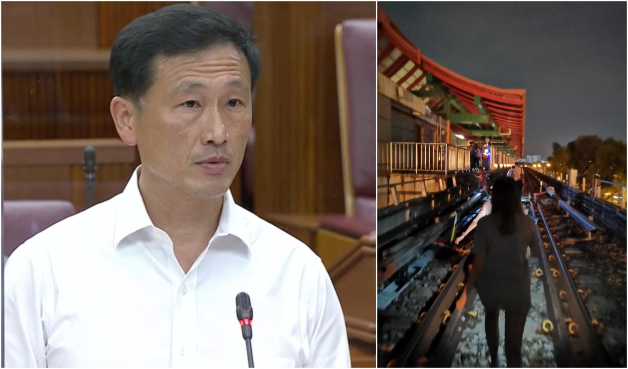 (From left to right): Transport Minister Ong Ye Kung delivers his ministerial statement on 6 October, 2020, in Parliament. Commuters made to walk on train tracks on 14 October, 2020, as a power fault disrupts train services on three major lines. (PHOTOS: Parliament screengrab, Grace Guo)