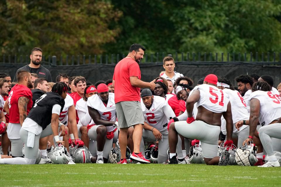 Aug 5, 2022; Columbus, OH, USA; Ohio State Buckeyes head coach Ryan Day speaks to his team during practice at Woody Hayes Athletic Center in Columbus, Ohio on August 5, 2022.