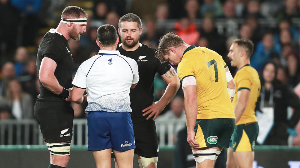 Dane Coles of the All Blacks receives a yellow card during the Bledisloe Cup Test match between the New Zealand All Blacks and the Australian Wallabies at Eden Park on August 17, 2019 in Auckland, New Zealand. (Photo by Hannah Peters/Getty Images)