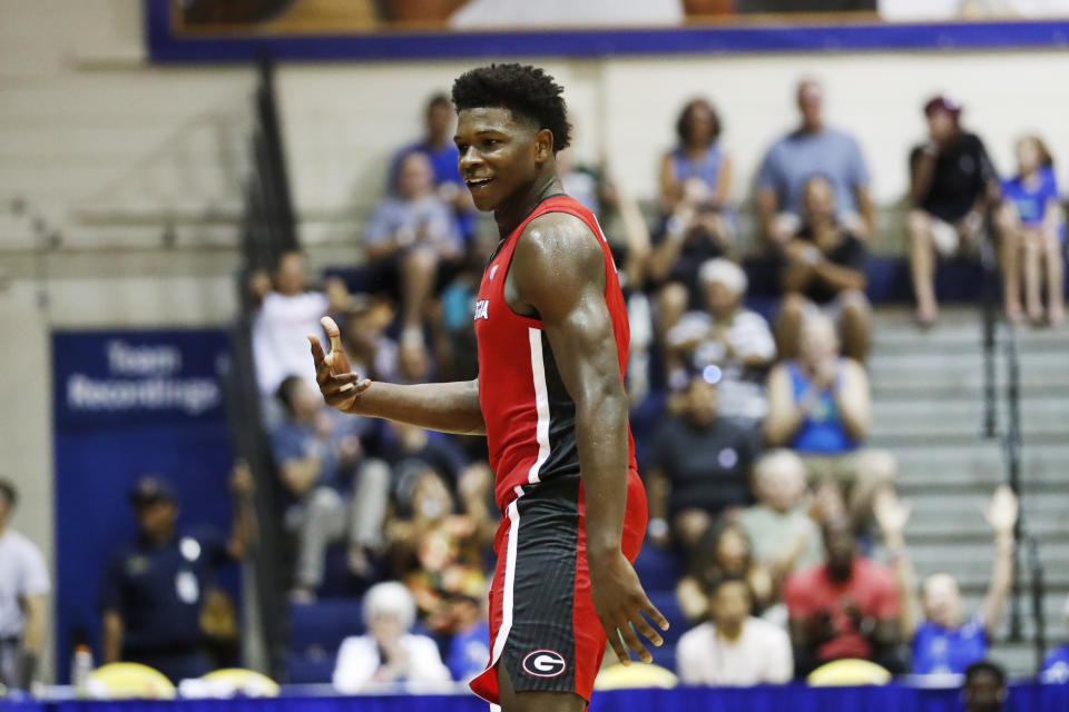 Georgia guard Anthony Edwards reacts after making a 3-point shot over Michigan State during the second half of an NCAA college basketball game Tuesday, Nov. 26, 2019, in Lahaina, Hawaii. (AP Photo/Marco Garcia)