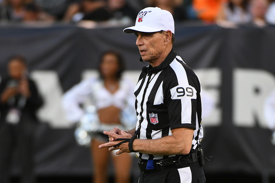 OAKLAND, CALIFORNIA - AUGUST 10: Referee Tony Corrente #99 during their NFL preseason game at RingCentral Coliseum on August 10, 2019 in Oakland, California. (Photo by Robert Reiners/Getty Images)