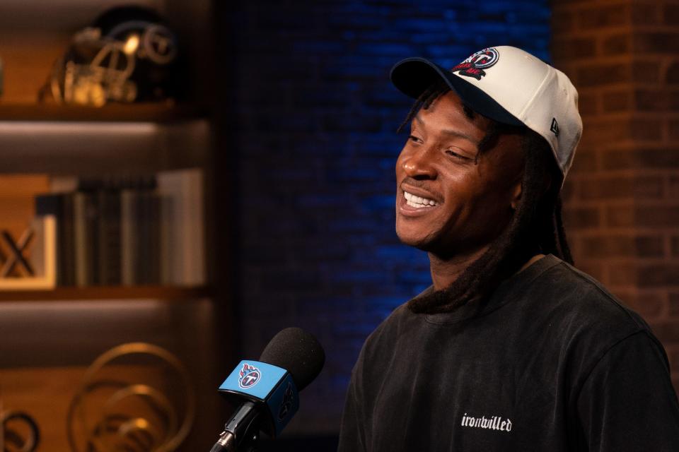 Newly acquired wide-receiver DeAndre Hopkins fields questions at the Tennessee Titans practice facility, Ascension St. Thomas Sports Park, during a press conference Tuesday, July 25, 2023. The first day of training camp is Wednesday and the all-star receiver is ready to contribute to the Titans' offensive scoring output.