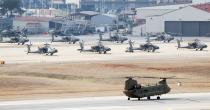 A helicopter prepares to take off at a U.S. army base in Pyeongtaek