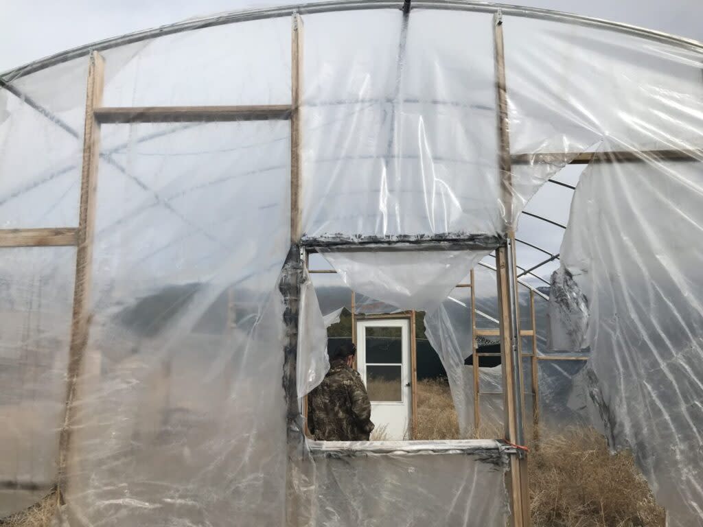 A resident of Picuris Pueblo walks inside the tribe’s former grow house, which was out of use after being raided by federal officers in 2017, though medical marijuana was legal in the state of New Mexico at the time.