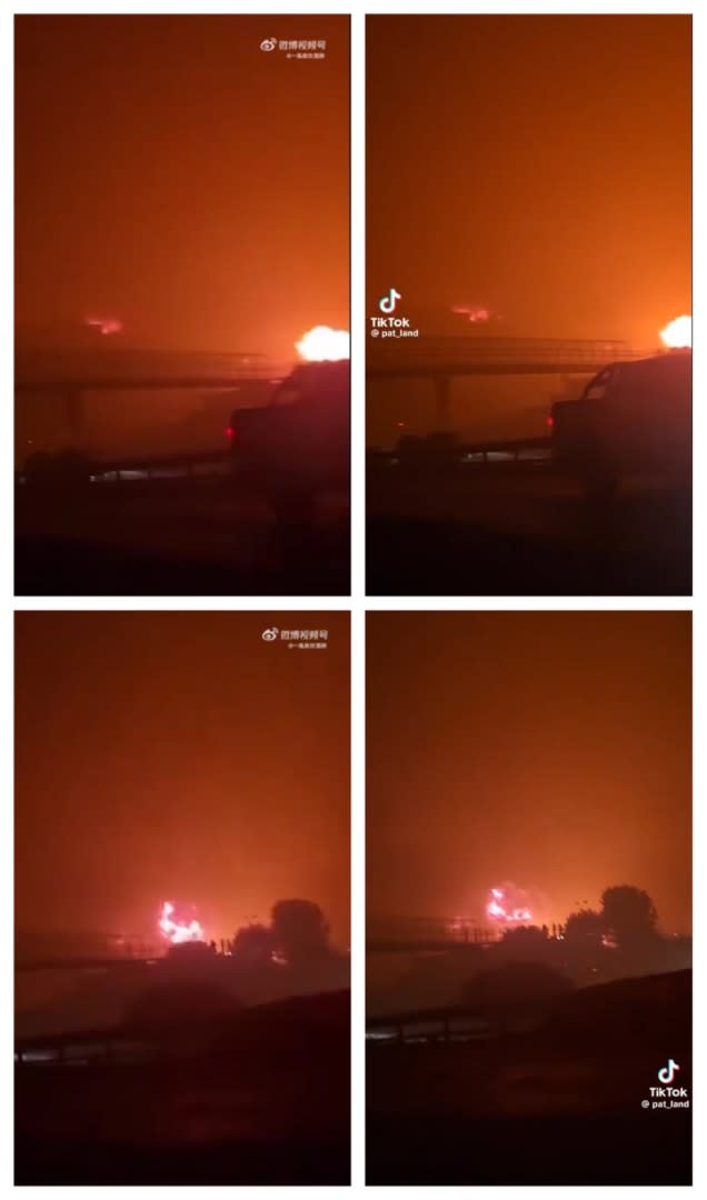 <span>Screenshot comparison from a post falsely sharing the video as Iran's attack on Israel (left) and the TikTok video (right)</span>
