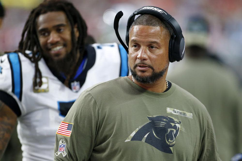 Carolina Panthers defensive run game coordinator Al Holcomb stands on the sideline during the second half of an NFL football game against the Arizona Cardinals, Nov. 14, 2021, in Glendale, Ariz. (AP Photo/Ralph Freso, File)