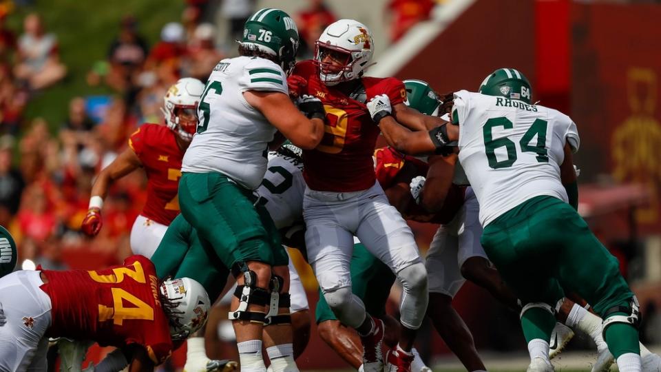 Iowa State defensive end Will McDonald IV (9) tries to get past Ohio offensive linemen Hagen Meservy (76) and Shedrick Rodes Jr. (64) during the game at Jack Trice Stadium in Ames, Iowa on Saturday, Sept. 17, 2022. The Cyclones are up at halftime against the Bobcats, 30-3.