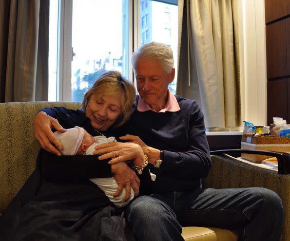 Proud grandparents Hillary and Bill Clinton were all smiles as they met their newest grandchild Aidan on June 19, 2016. What better way to spend Father's Day!